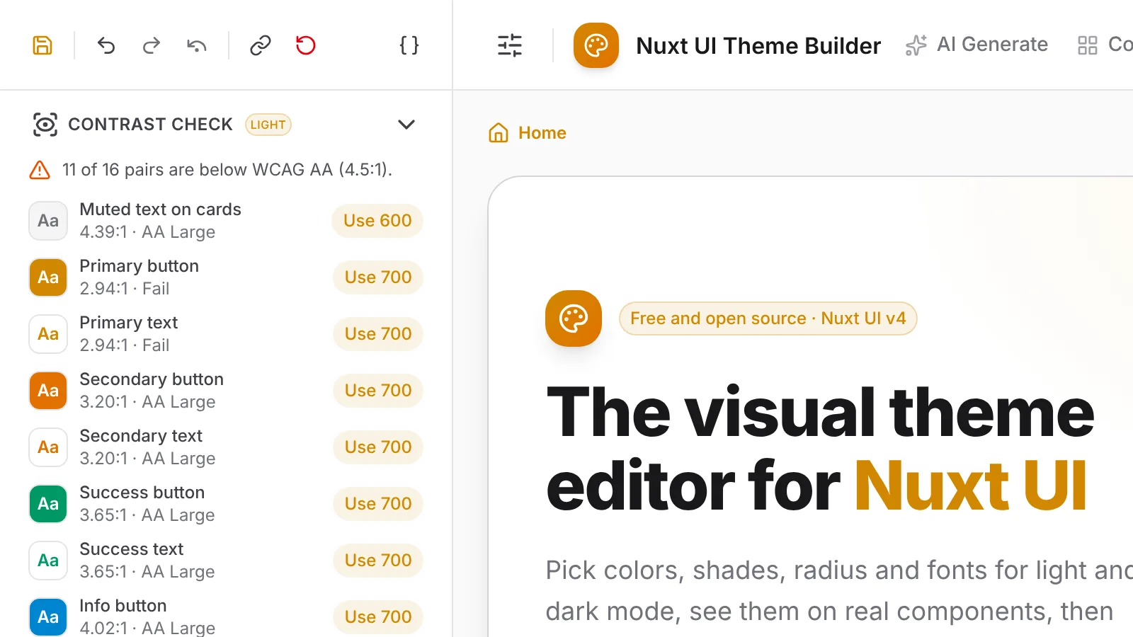 The Contrast Check section listing color pairs with their contrast ratios