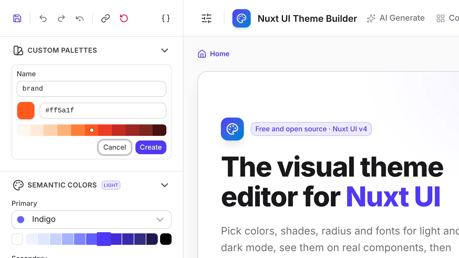 The Custom Palettes section with a generated palette from a brand color