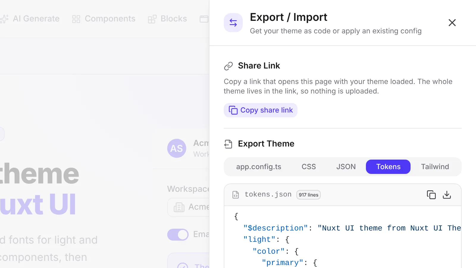 The export panel showing the Tokens tab with a tokens.json file