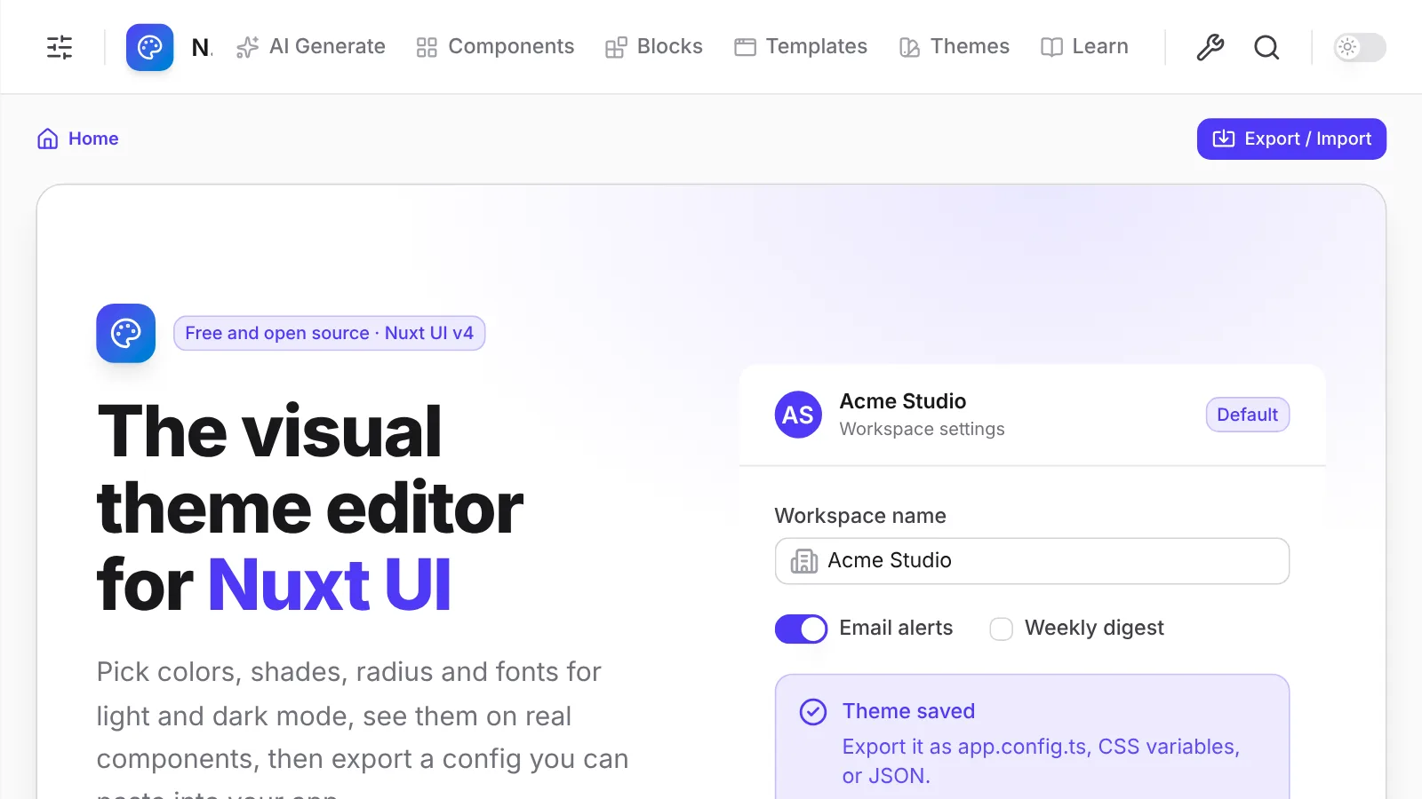 The homepage hero showing real Nuxt UI components in the current theme