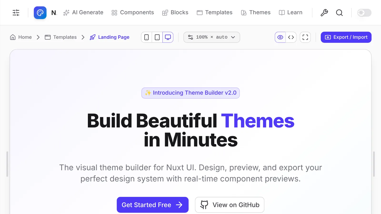 The theme builder editor next to a landing page template preview