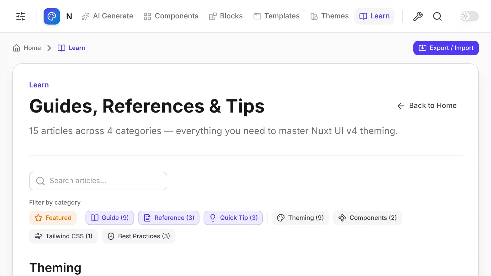 The Learning Hub listing guides, references, and quick tips