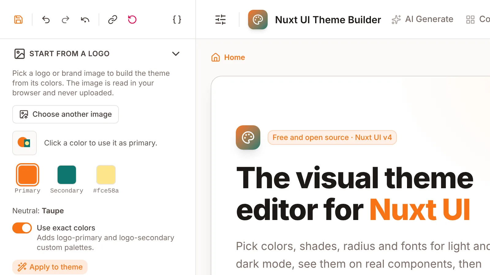 The Start From a Logo section suggesting colors picked out of an uploaded logo