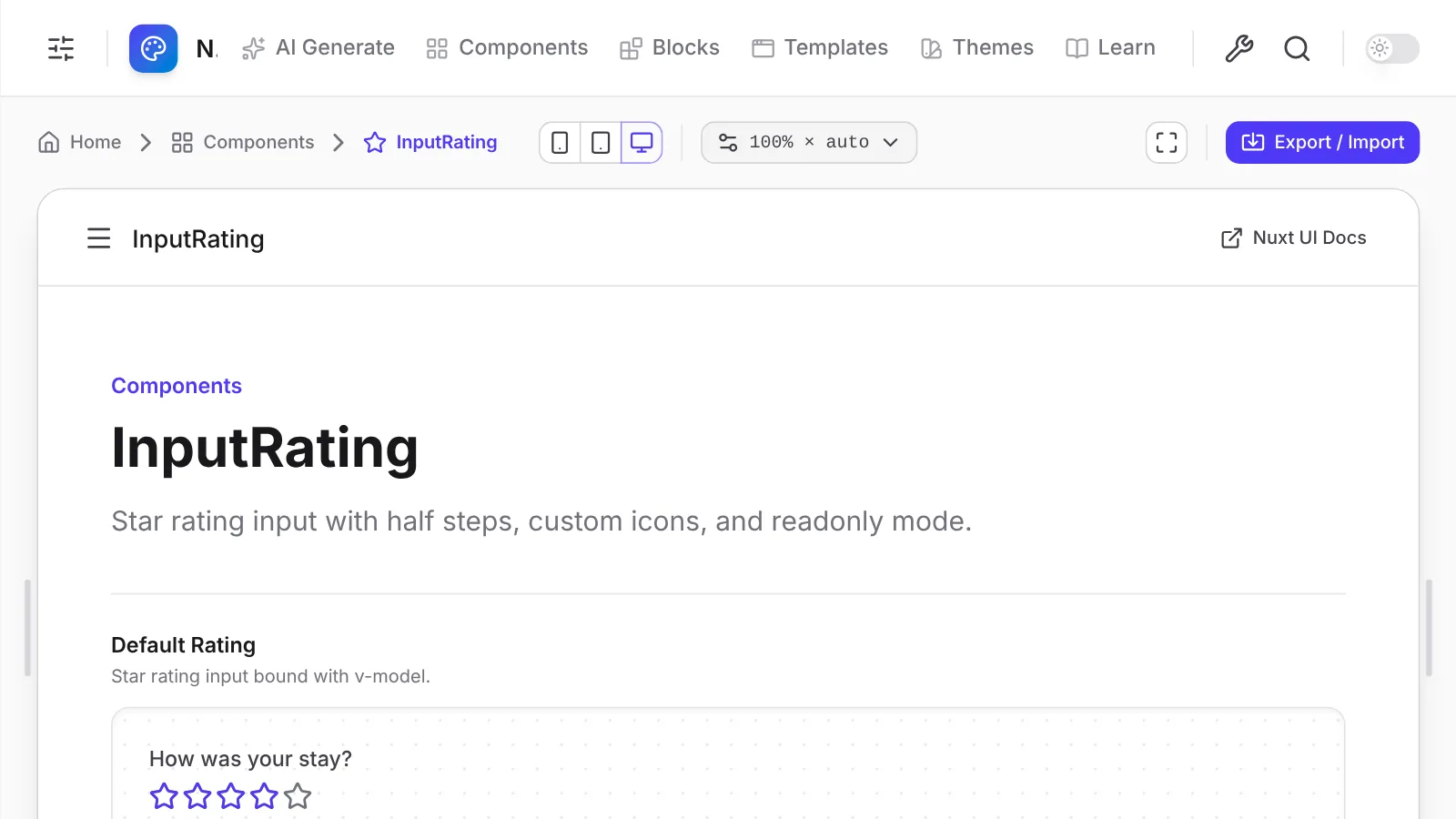The Input Rating component preview with star ratings in several colors