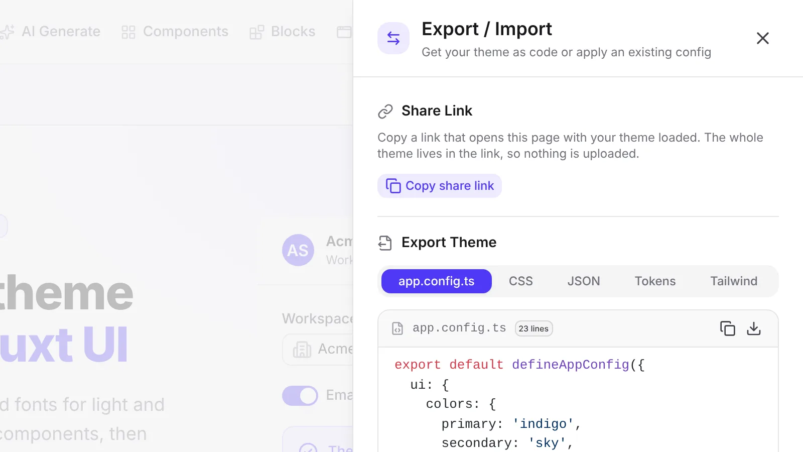 The export panel with the Copy share link button next to the theme code