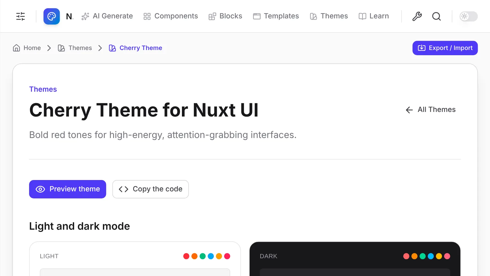 A theme gallery page showing a theme's light and dark previews